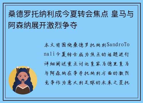 桑德罗托纳利成今夏转会焦点 皇马与阿森纳展开激烈争夺 桑德罗托纳利成今夏转会焦点 皇马与阿森纳展开激烈争夺